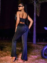 Crop Top And Flare Pants Set With Patchwork And Woven Strap Design